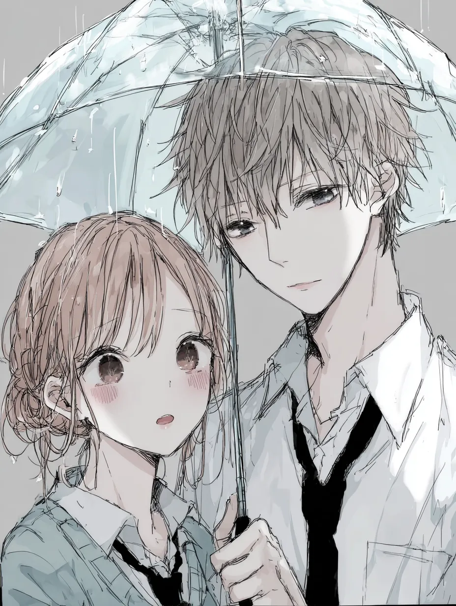 恋人ペア画の梅雨の寄り添いカップル｜鉛筆画のような粗さと柔らかい彩色が特徴で、ふたりの表情と傘の演出が調和した構図。恋人ペア画の中でもリアルさと感情が丁寧に共存しています。
