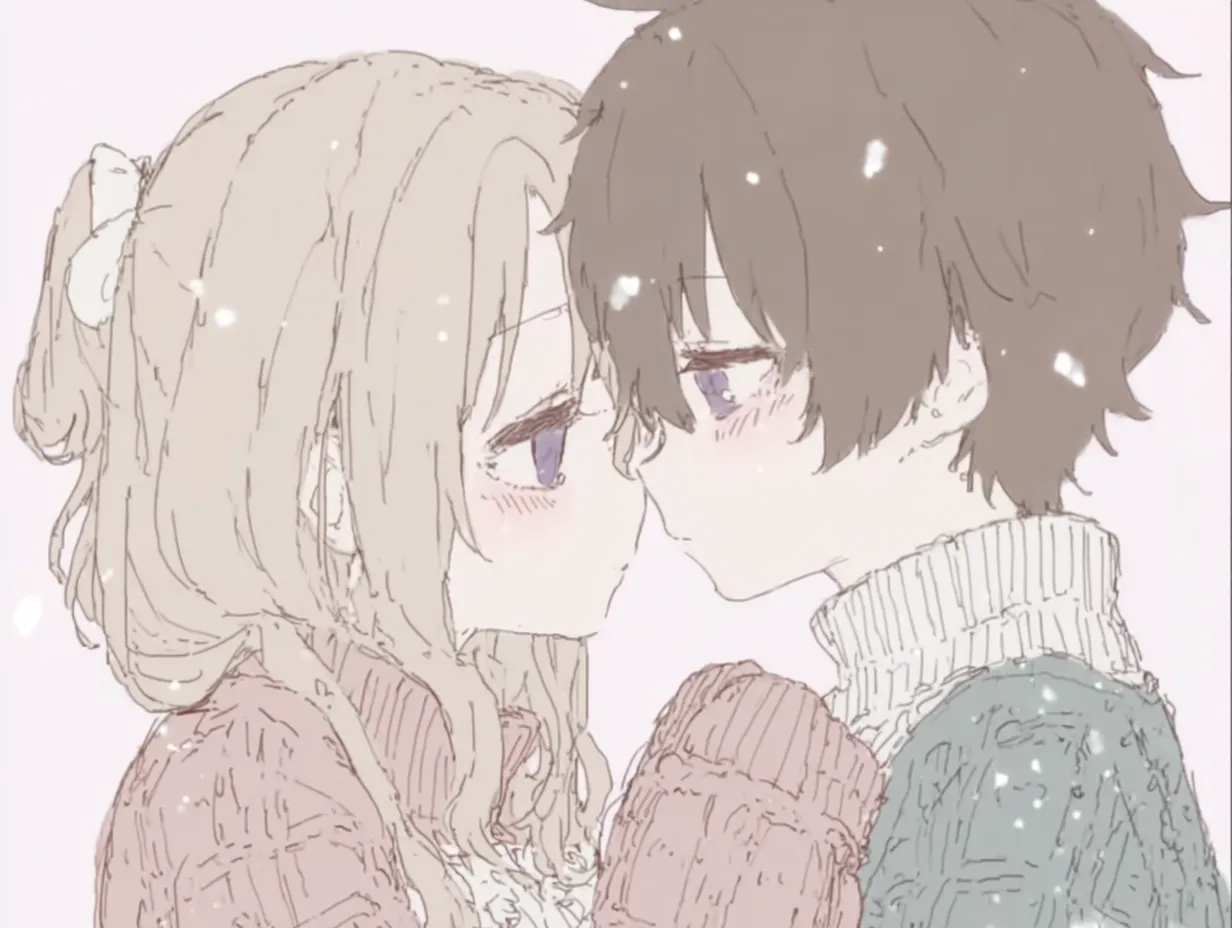 恋人ペア画の雪と見つめ合う距離感｜ふんわりとした淡色と粉雪の演出が印象的で、触れ合う距離にドキドキ感を生む構成。繊細でやさしい雰囲気が漂う恋人ペア画として冬の情景に最適です。