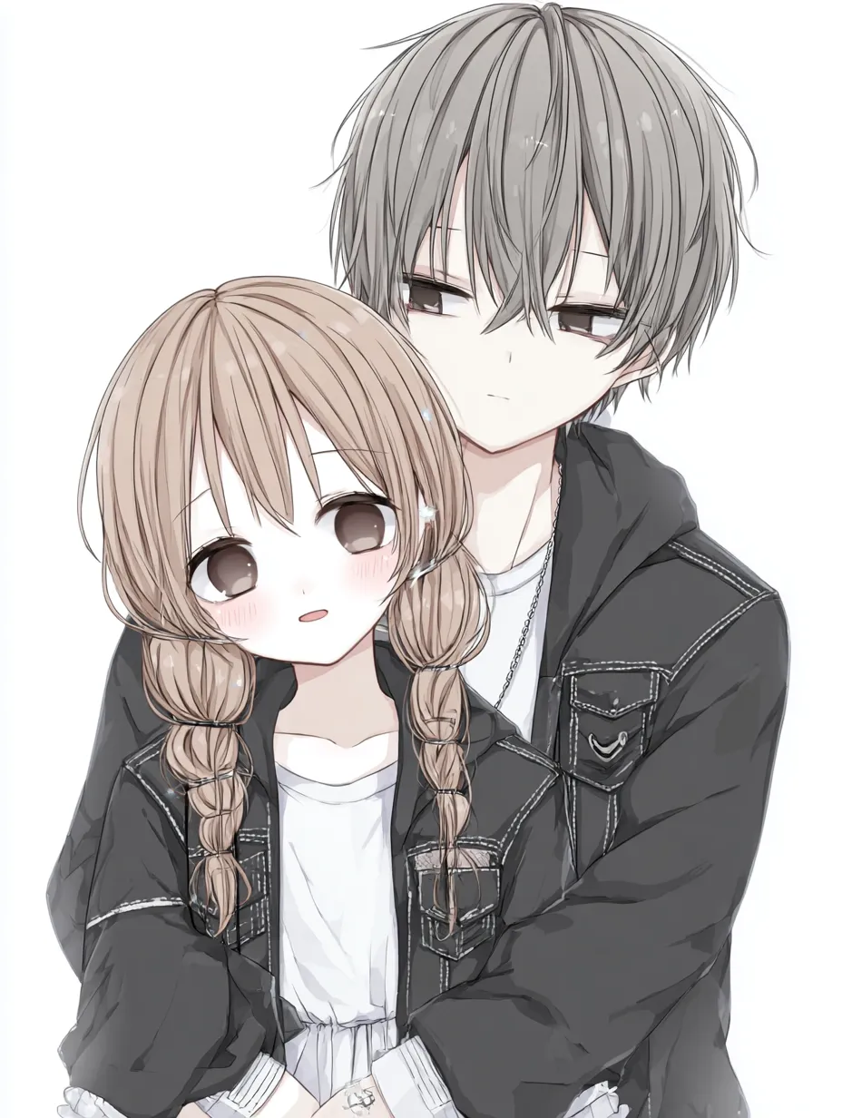 恋人ペア画の後ろから包むハグ｜シンプルな配色とクリーンな線が魅力的で、ふたりの静かなやりとりが温かく伝わるイラスト。恋人ペア画らしい安心感と守られる幸福感が込められています。