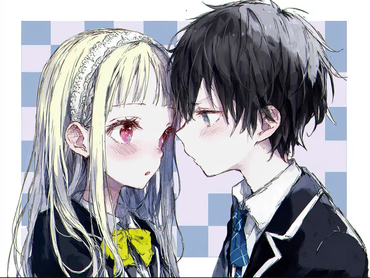 キスペア画制服で向き合うふたり｜繊細なタッチと明確なコントラストが印象的な構図。制服姿が青春の気配を強調し、キスペア画らしいまっすぐな視線のぶつかり合いが胸を打ちます。背景のチェック柄もリズミカルです。