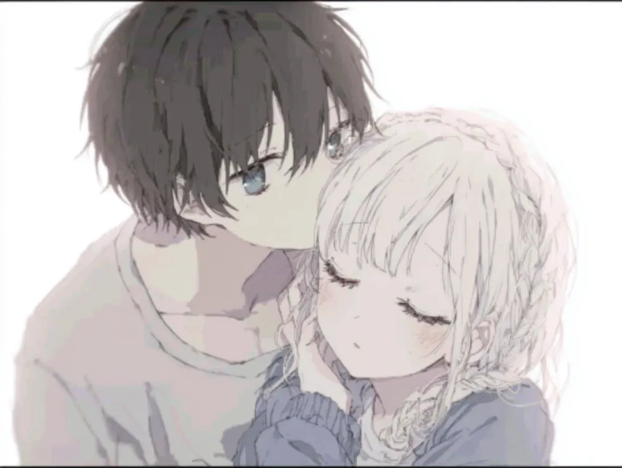 キスペア画おでこに優しいキス｜やわらかく淡い彩色が、ふたりの穏やかな信頼関係を際立たせています。キスペア画としての静かで優しいトーンが全体に満ちていて、見る側の心にも癒しを与えます。