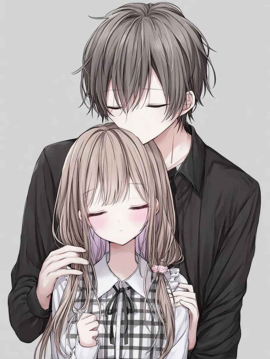 キスペア画寄り添う黒服の抱擁｜モノトーン寄りの色合いで描かれた落ち着いたカラーパレットが印象的。キスペア画の中でも大人びた雰囲気が漂い、内面的なつながりの強さをしっかりと感じさせます。
