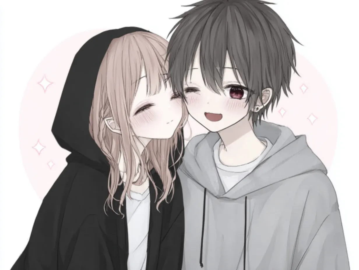 キスペア画くっつく笑顔のふたり｜ふわっとした線画と淡い色合いが、ふたりの自然な笑顔を際立たせるデザイン。キスペア画としての親しみやすさと温かさが詰まっていて、見る人に優しい気持ちを届けます。