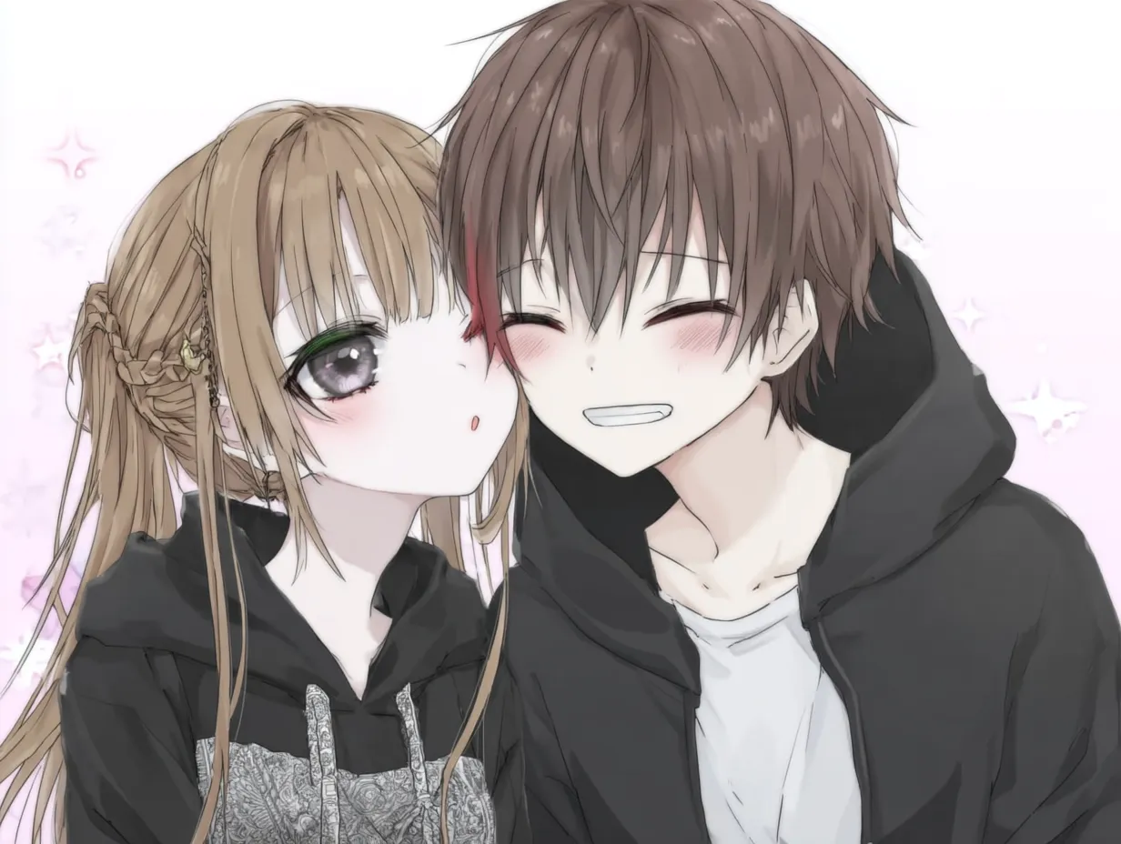 キスペア画照れた頬のワンシーン｜少女の大胆なキスと少年の照れた笑顔が対照的で、愛らしさ満点。キスペア画の中でも元気でポップな表現が印象的で、背景のキラキラ感も楽しい雰囲気を演出しています。