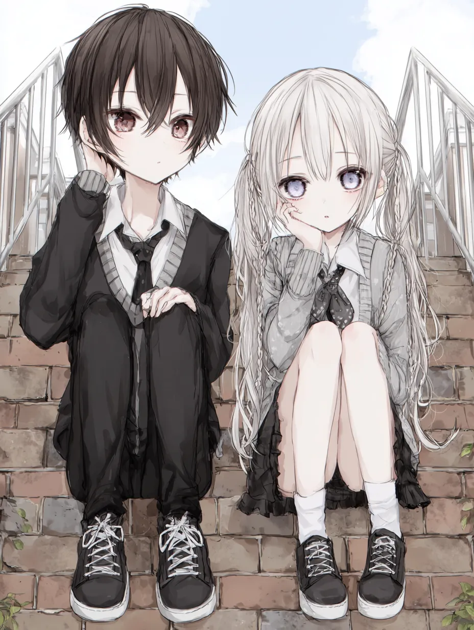 男女ペア画階段でくつろぐふたり｜無造作な仕草とゆるめの表情が親しみやすさを演出。制服とツインテール、ゆるいカーディガンがアクセントとなり、男女ペア画の中でも自然体の魅力が光っています。