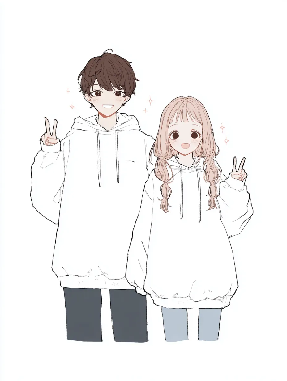 友達ペア画おそろいパーカーの笑顔｜明るい表情とおそろいの白い服が、ふたりの親しさを軽やかに伝えます。手を振るようなポーズも印象的で、友達ペア画らしいポップで元気な印象が広がります。