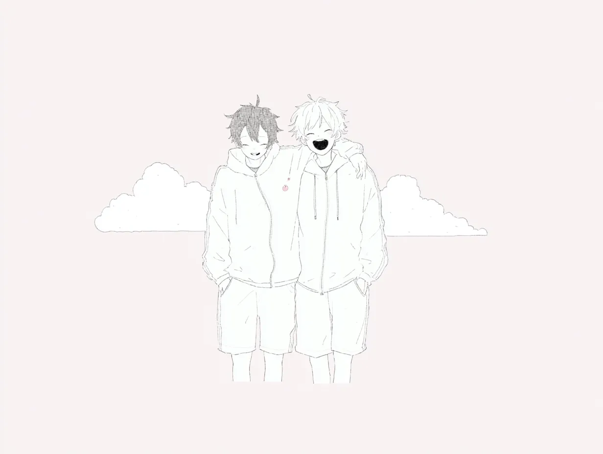 友達ペア画並んで歩く空の下｜背景の雲と手描き風のやわらかい線が、ふたりの素朴な時間を際立たせています。肩を組んで笑い合う姿が自然体で、友達ペア画として共感を呼ぶ仕上がりです。