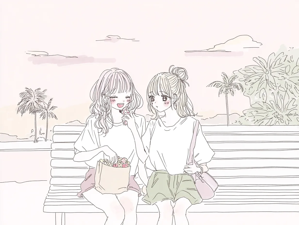 親友ペア画の浜辺でおやつタイム｜柔らかな線と薄い色調が魅力の一枚。ベンチに並んでお菓子を分け合う姿が自然で、親友ペア画ならではの気取らない日常の一コマを描いています。
