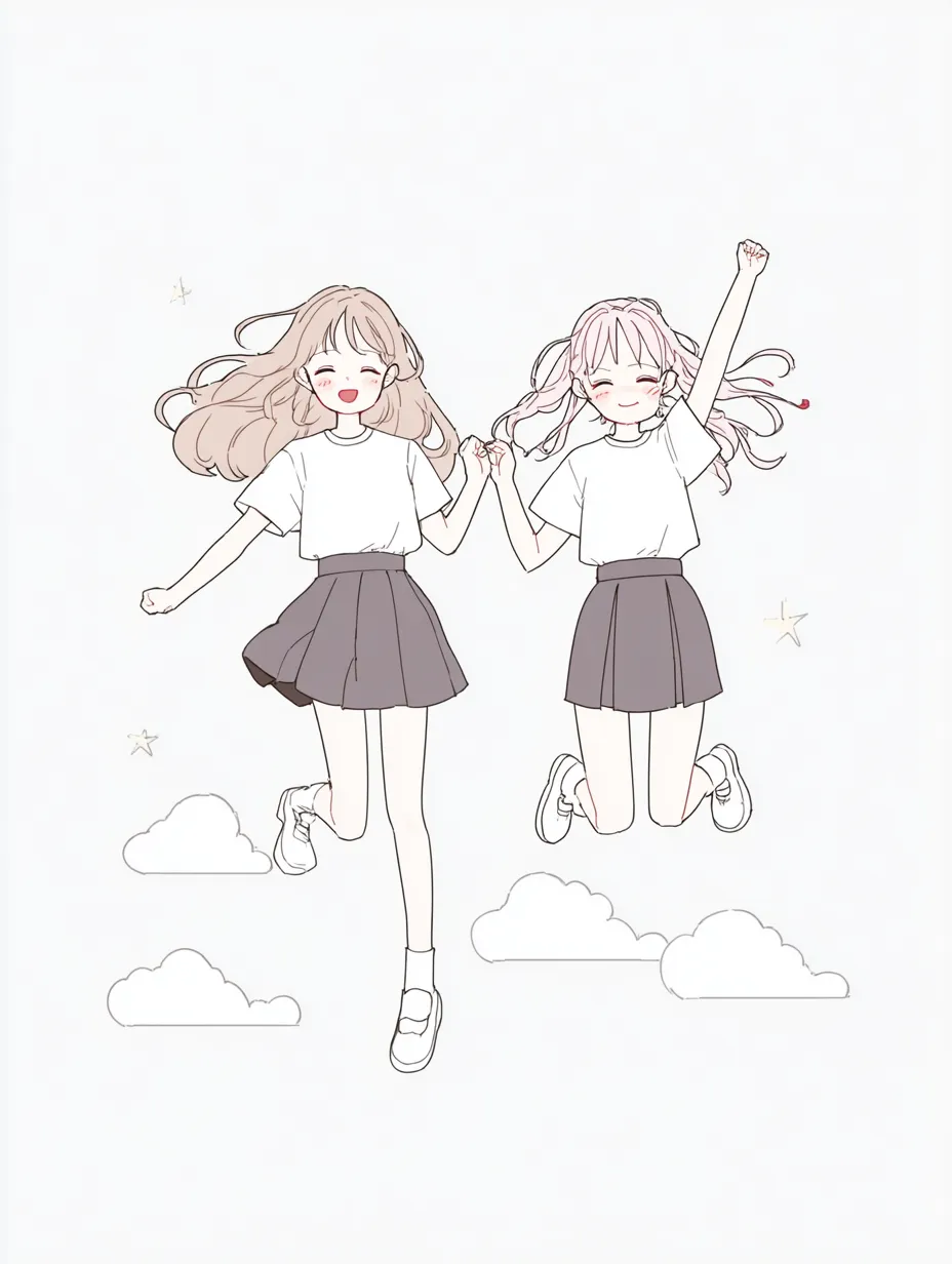 親友ペア画の手をつないでジャンプ｜空中にふわっと浮かぶ瞬間が明るく描かれ、ポジティブなエネルギーが伝わる構図。手をつないだふたりの絆が親友ペア画の魅力としてあふれています。