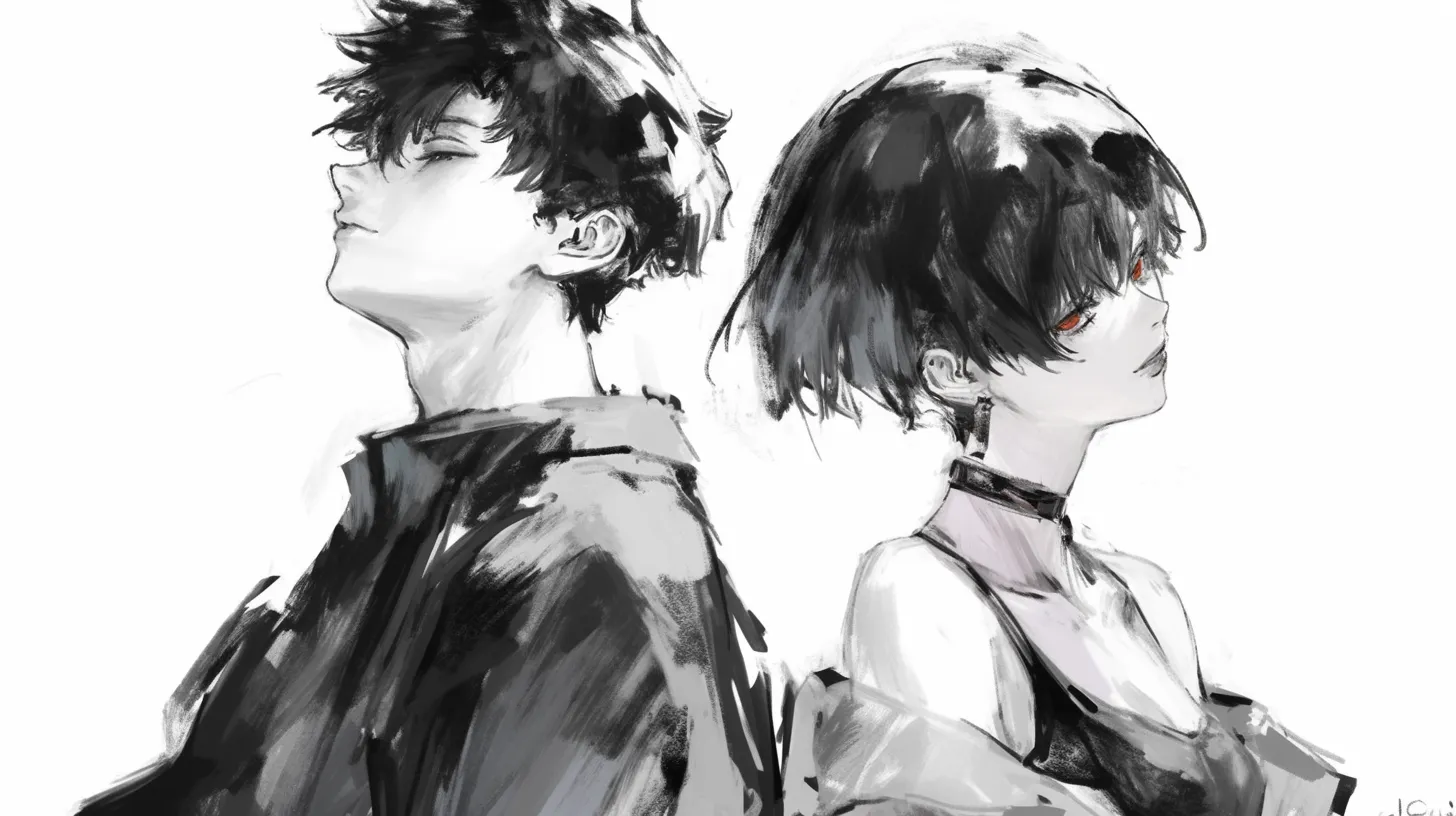 白黒のペア画 クールな男女の対比｜ラフな筆致で描かれた白黒のペア画は、男性と女性が背を向け合う構図で感情の距離感を表現。ビジネス素材として感情的な人間関係や対立のイメージを伝えるのに適しています。