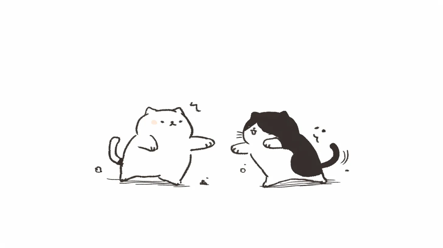 ネタ系のペア画 ケンカする猫たち｜シンプルな線で描かれたネタ系のペア画は、白黒の猫が取っ組み合うユーモラスなシーン。コミカルさを活かした広告やSNS用素材として幅広く応用可能です。