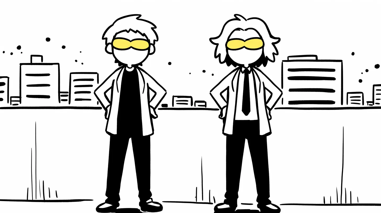 ネタ系のペア画 黄色サングラスの人物｜都会の背景に立つキャラクターを描いたネタ系のペア画は、強調された小物がユーモラス。ビジネスシーンで遊び心を加えるデザイン素材として有用です。