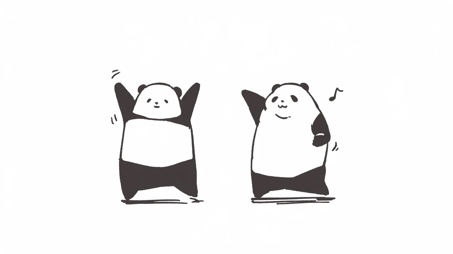 ネタ系のペア画 リズムに乗るパンダ｜ゆるいタッチで描かれたネタ系のペア画は、音符が加わることで動きや楽しさを表現。音楽関連やイベント案内のビジネス素材にぴったりです。