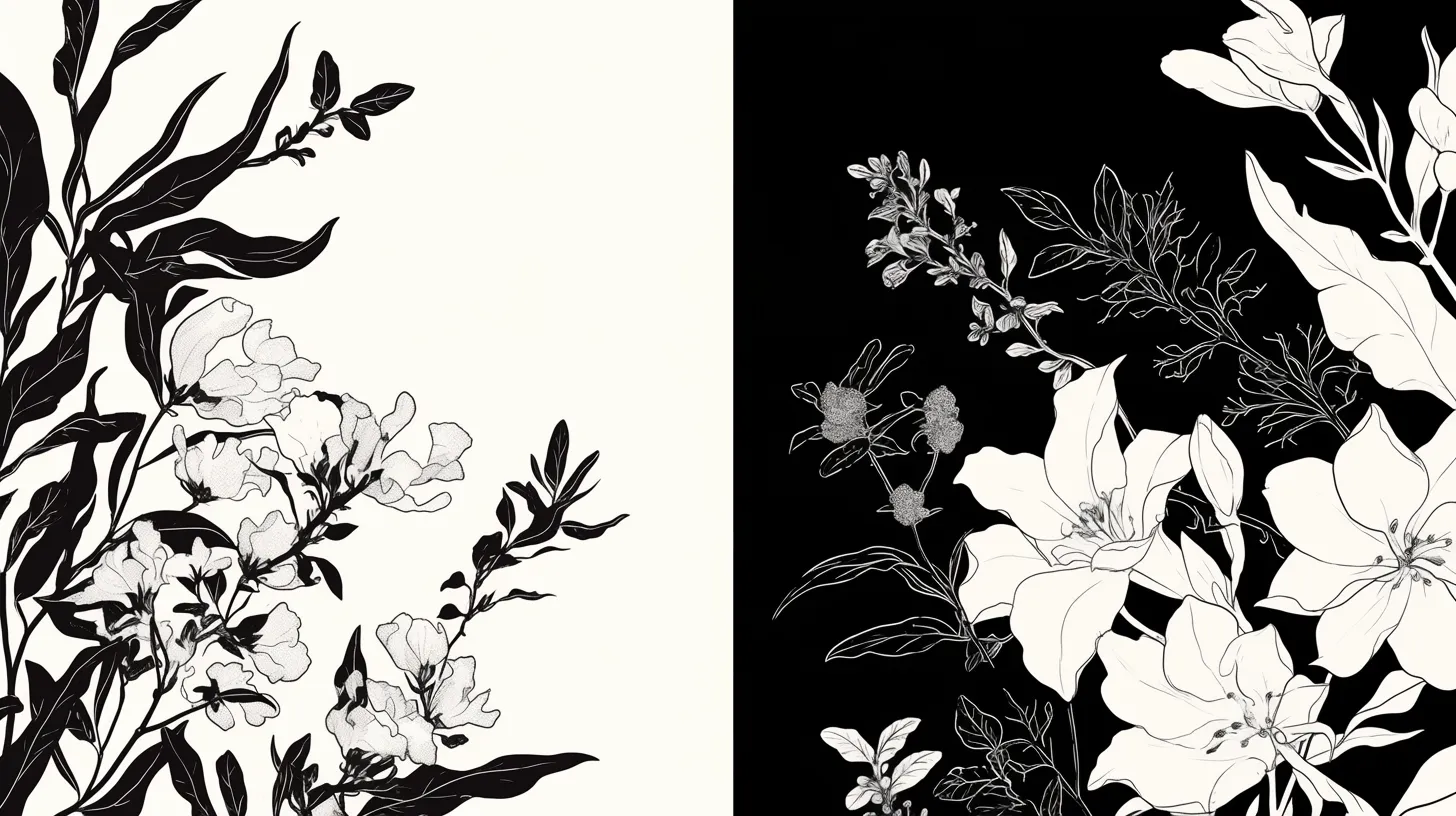 バレないペア画 モノトーンの花模様｜黒と白を左右で分けた構図のバレないペア画は、花の繊細な線画が映えるデザイン。高級感を演出し、雑誌や広告の背景素材に適しています。
