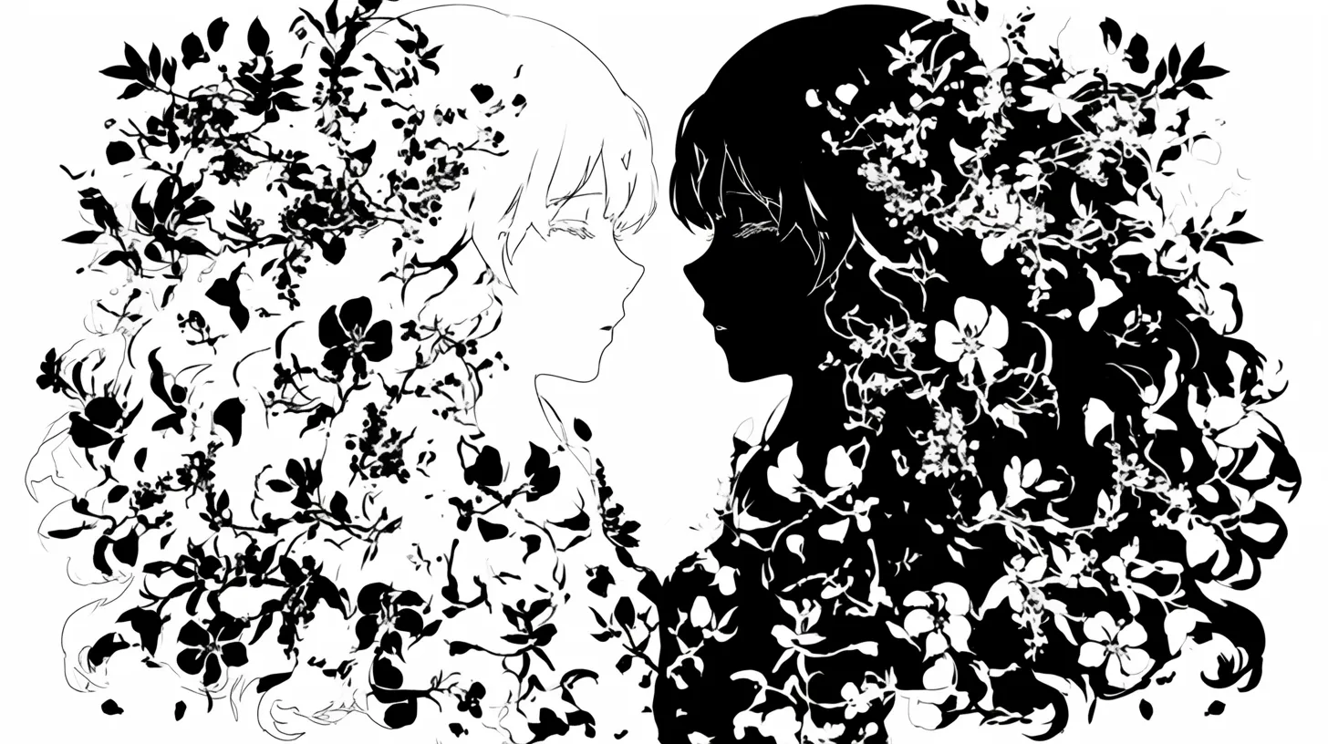 バレないペア画 花に包まれた女性二人｜人物と花柄が一体化した幻想的なバレないペア画は、白黒の対比で強い印象を与えます。芸術性が高く、ブランディングや装飾素材に活用可能です。
