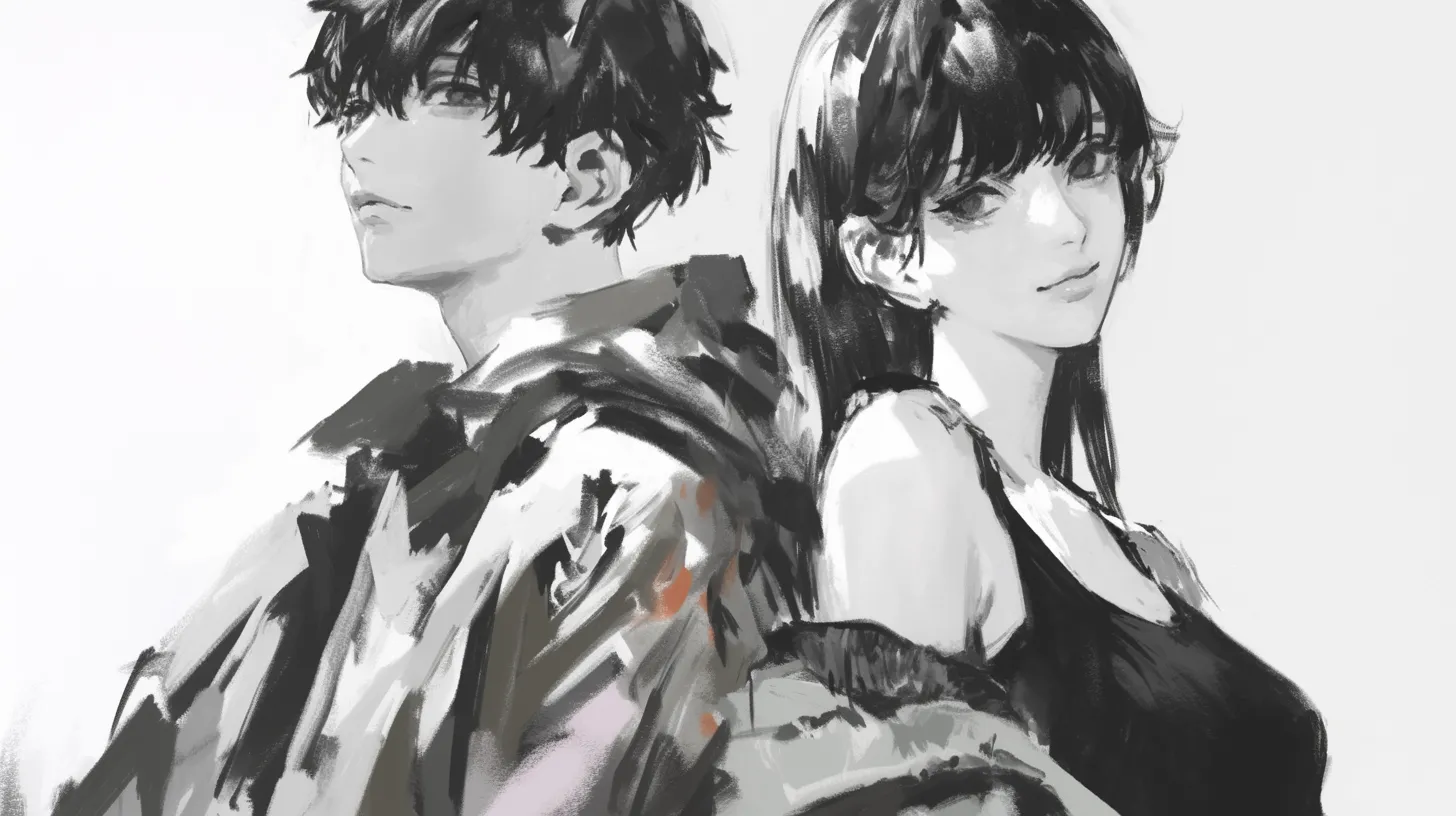 白黒のペア画 優しい笑みの男女｜柔らかなタッチで描かれた白黒のペア画は、女性の微笑みが印象的で調和を演出。広告や記事の挿絵として親しみや安心感を表現するのに活用しやすい構図です。