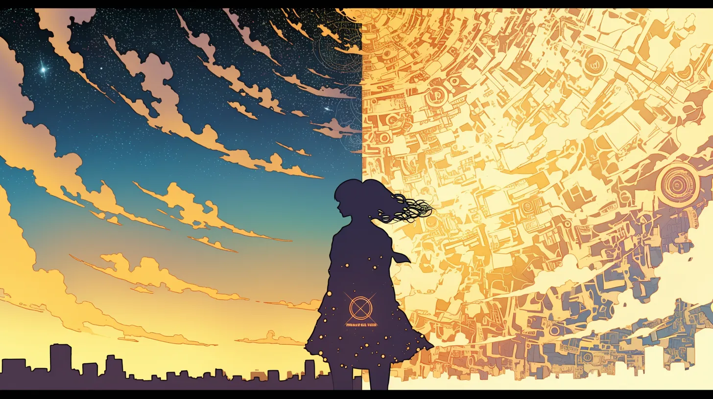 バレないペア画 都会と幻想の対比｜都市のシルエットと幻想的な文様を分けて描いたバレないペア画は、情報量の多い構図が特徴。クリエイティブ業界の広告や記事に効果的です。