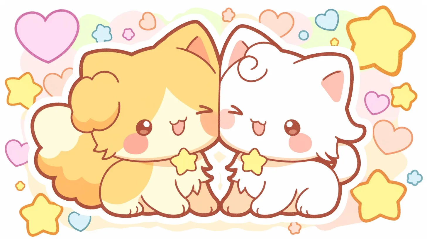 中学生ペア画 並ぶ犬キャラクター｜丸みを帯びたポップなイラストの中学生ペア画は、星やハートに囲まれた明るい雰囲気。商品パッケージや販促物に適しています。