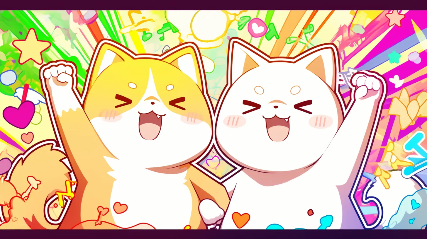 中学生ペア画 元気な猫のペア｜鮮やかな背景に笑顔の猫を描いた中学生ペア画は、楽しさと活気を演出。イベント告知やSNS投稿に効果的なデザインです。