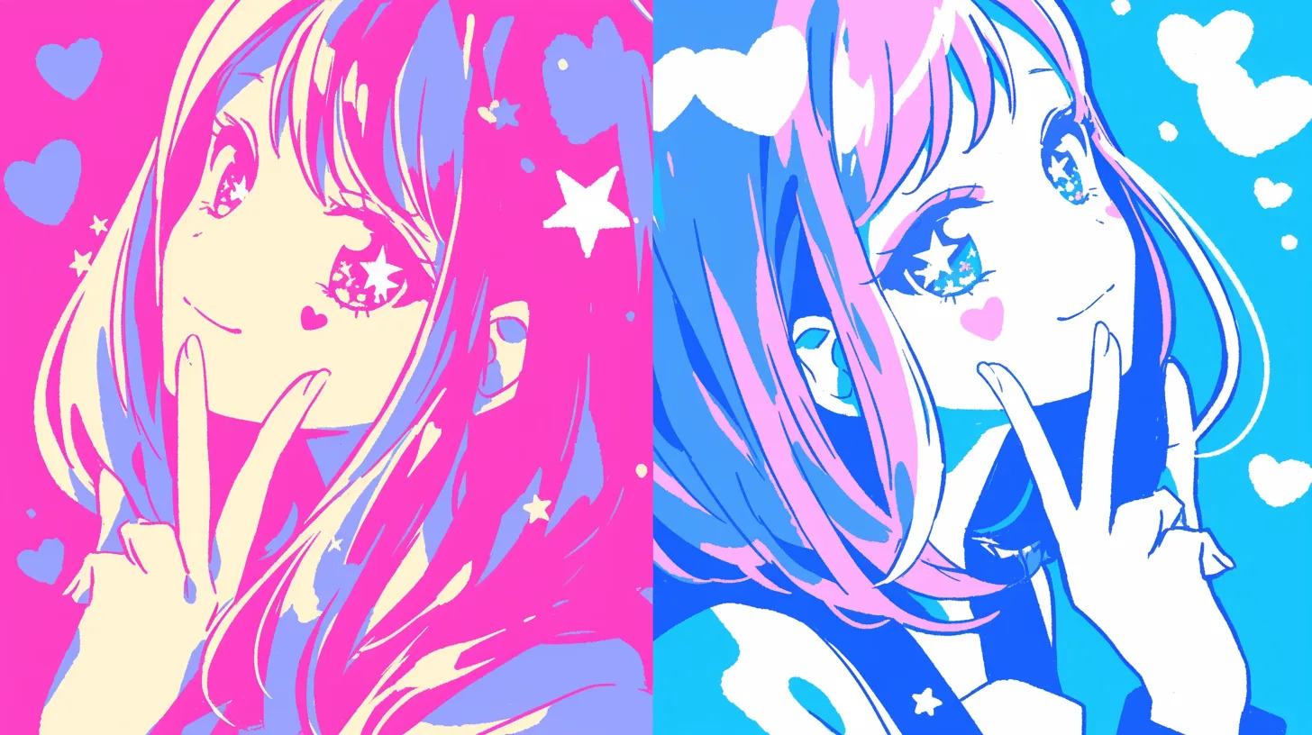 中学生ペア画 ビビッドカラーの女の子｜ピンクとブルーで大胆に分けられた中学生ペア画は、ポップアート風で強烈な印象を与えます。SNSやファッション関連素材に適しています。
