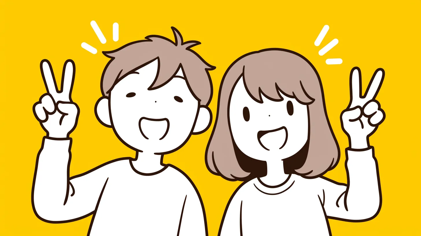 友達ペア画 ピースサインの二人｜シンプルで明快な線画が特徴の友達ペア画は、明るい背景色と元気なポーズが魅力。学校行事やSNS素材として活用しやすいデザインです。