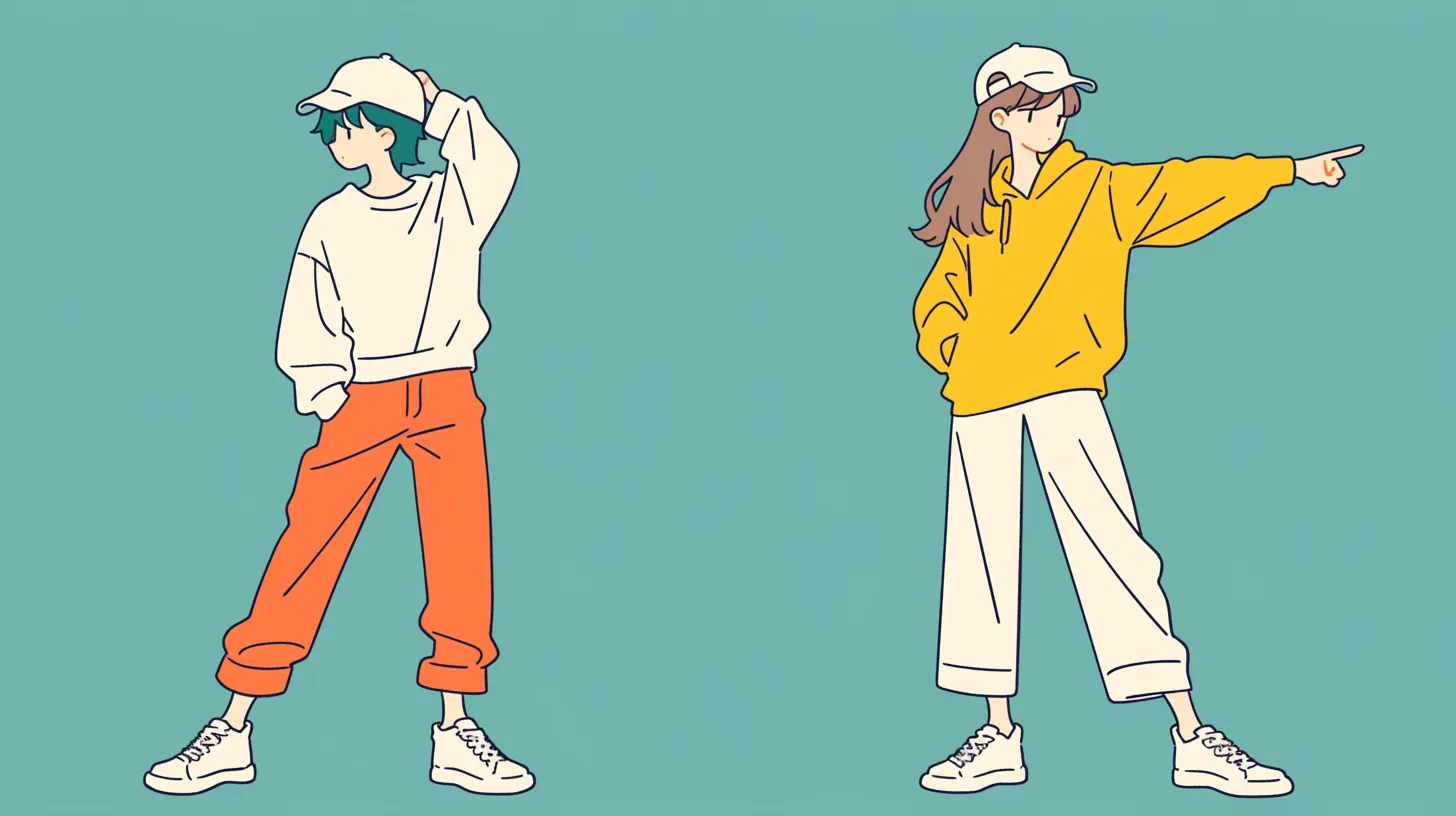 友達ペア画 ストリート風ポーズ　｜二人が対称的に立つ友達ペア画は、シンプルな配色でモダンな印象。ファッションやライフスタイル関連のデザイン素材に適しています。