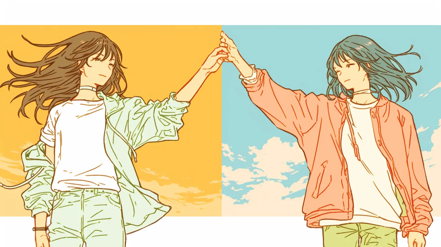 友達ペア画 手を合わせる女性二人｜柔らかい配色と繊細な描線で表現された友達ペア画は、優雅な雰囲気を醸成。雑誌やポスターの挿絵に利用しやすいビジュアルです。