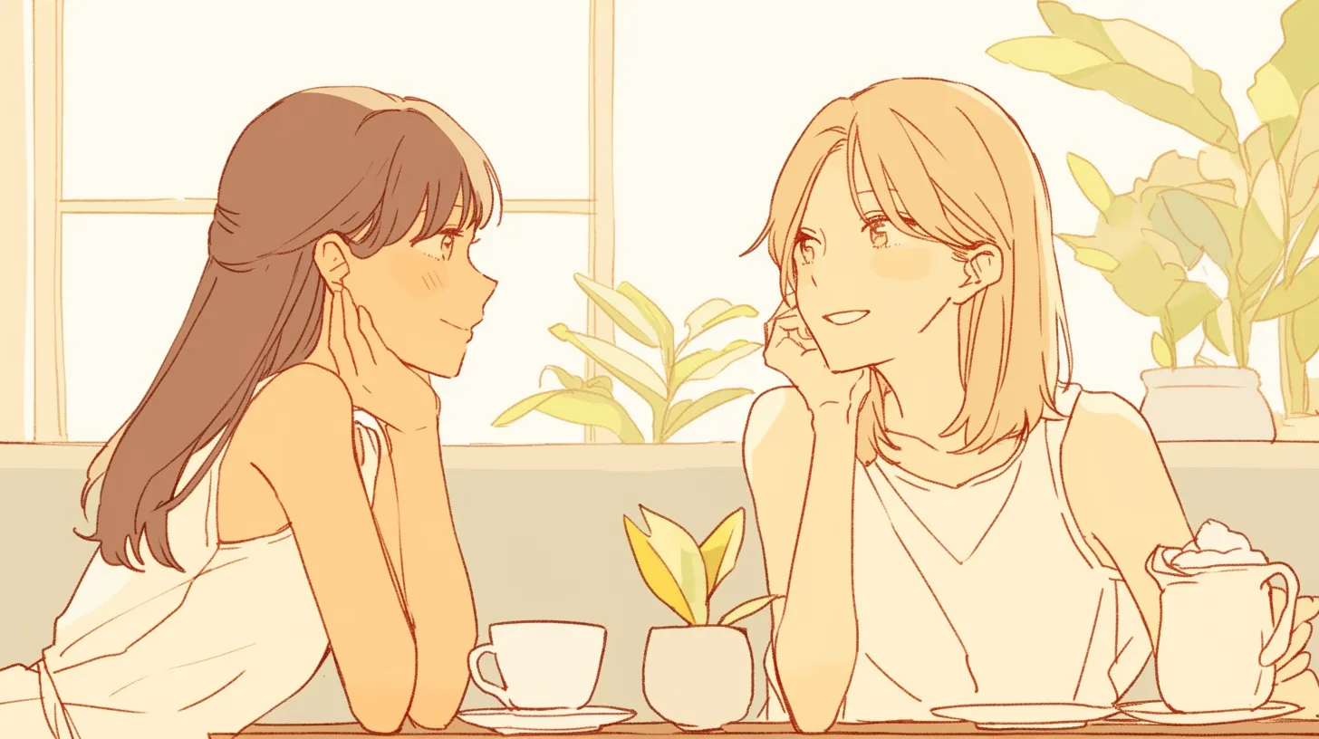 友達ペア画 カフェで語らう二人｜暖色系の色調で描かれた友達ペア画は、穏やかで親近感のある空気感。飲食関連の広告や記事用素材にぴったりです。