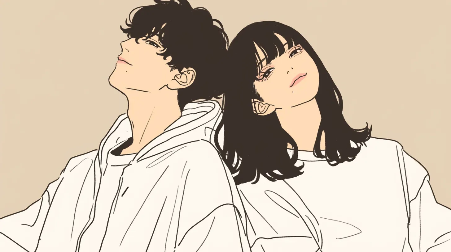 友達ペア画 寄り添う二人｜モノトーン調に近い配色で描かれた友達ペア画は、落ち着いた大人っぽさを演出。ファッションブランドや広告に使える表現です。
