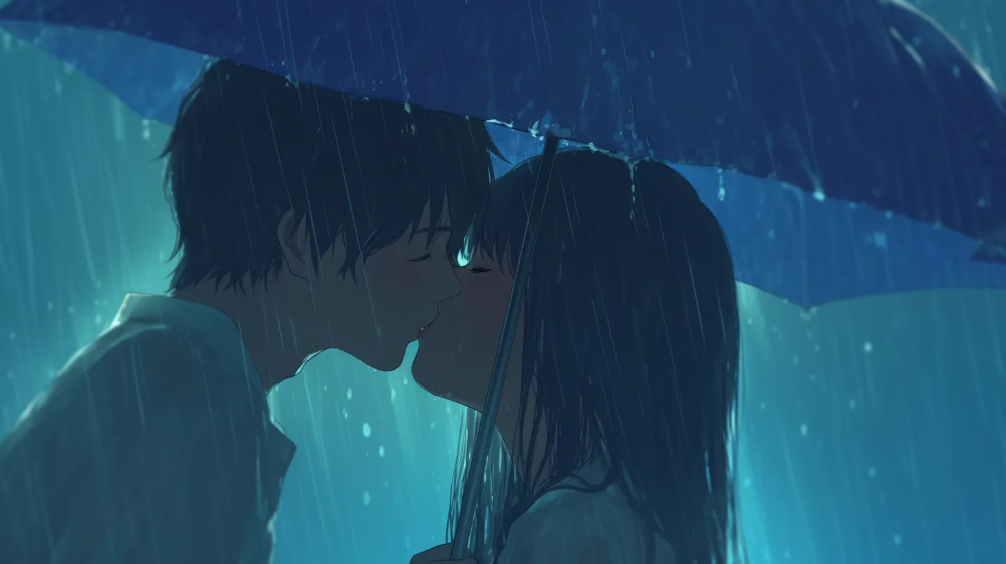 キスカップルのペア画 雨傘の下の二人｜降りしきる雨の中で描かれたキスカップルのペア画は、静謐で映画的な雰囲気を持ちます。恋愛ドラマや広告用ビジュアルに適しています。
