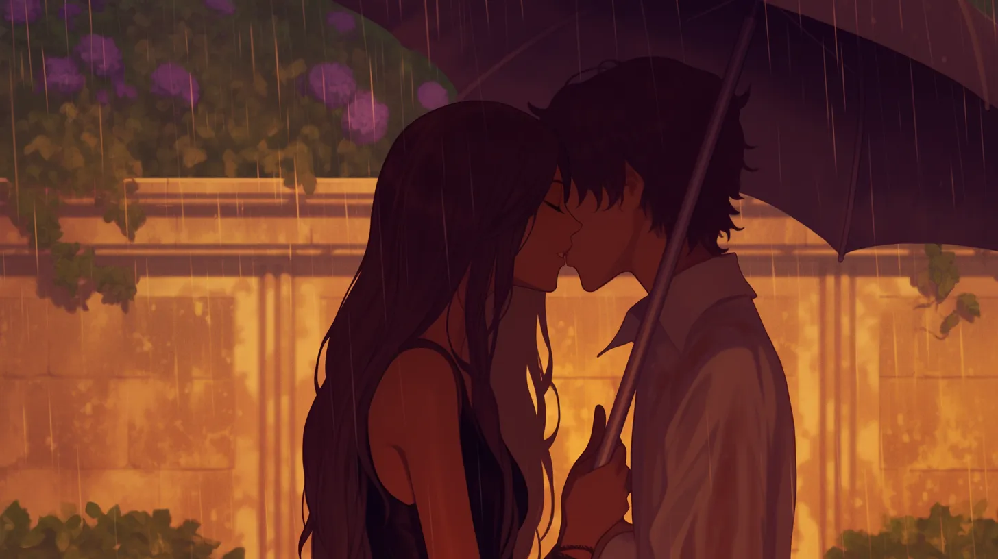 キスカップルのペア画 雨の夕景シーン｜温かみのあるオレンジ色を背景にしたキスカップルのペア画は、しっとりとした感情を伝えます。雑誌や小説の表紙素材に効果的です。