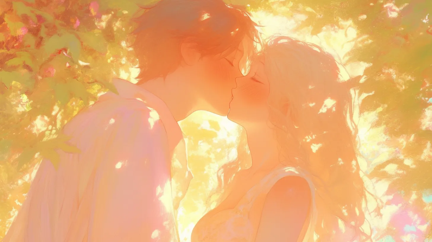 キスカップルのペア画 木漏れ日の中で｜柔らかな筆致と淡い色合いで描かれたキスカップルのペア画は、自然と愛情を強調。ウェディング関連の素材に適したデザインです。