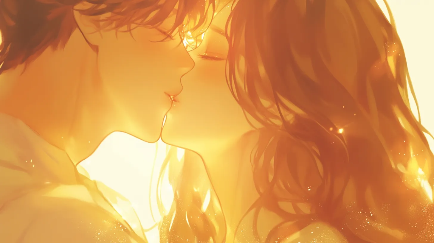 キスカップルのペア画 黄金色に輝く瞬間｜光沢感ある描写で包まれたキスカップルのペア画は、情熱と温もりを演出。恋愛系コンテンツの宣伝に効果を発揮します。