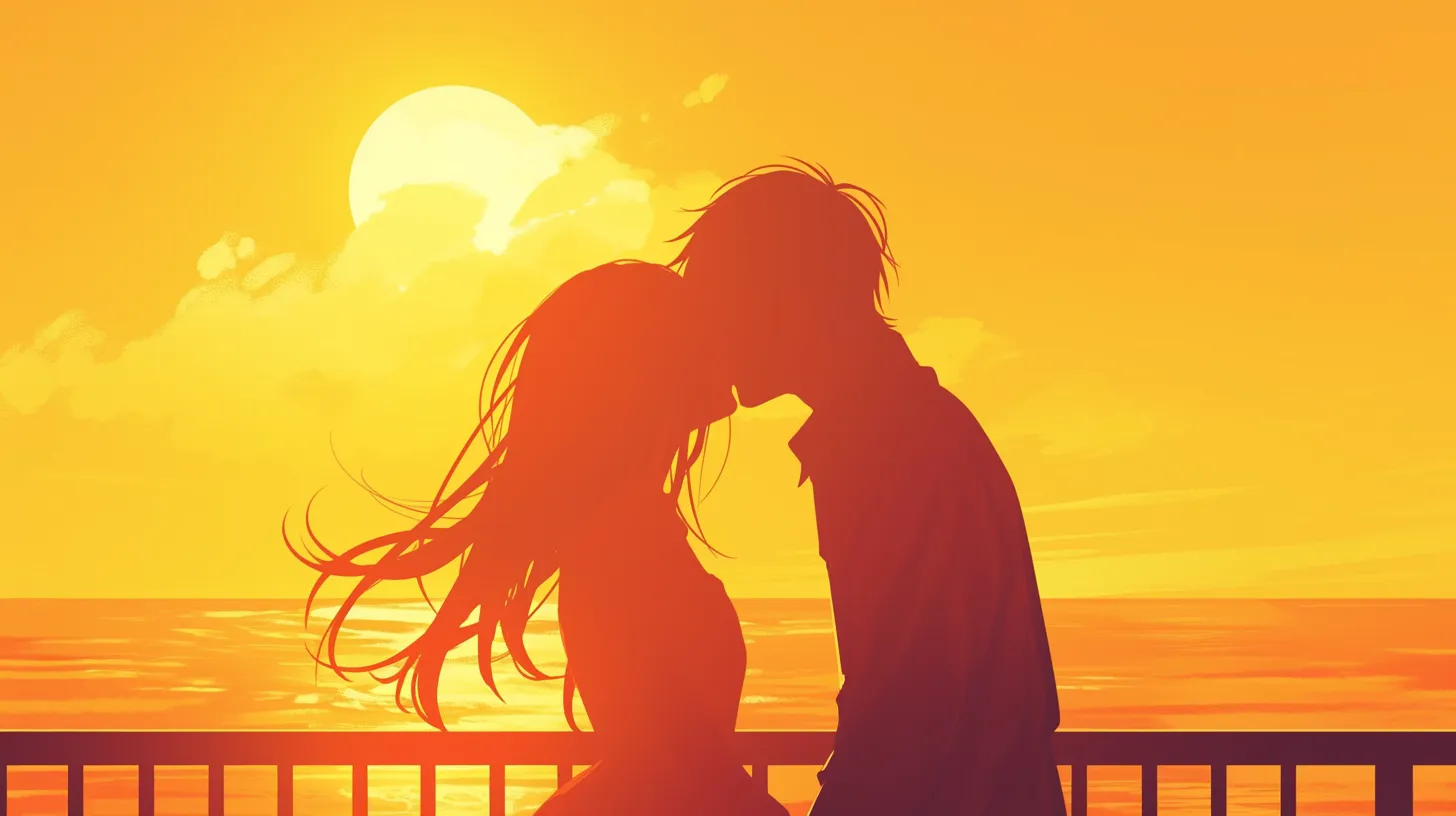 キスカップルのペア画 海辺の夕焼け　｜二人をシルエットで表現したキスカップルのペア画は、シンプルながら叙情的。観光や旅行のプロモーションにも活用できます。