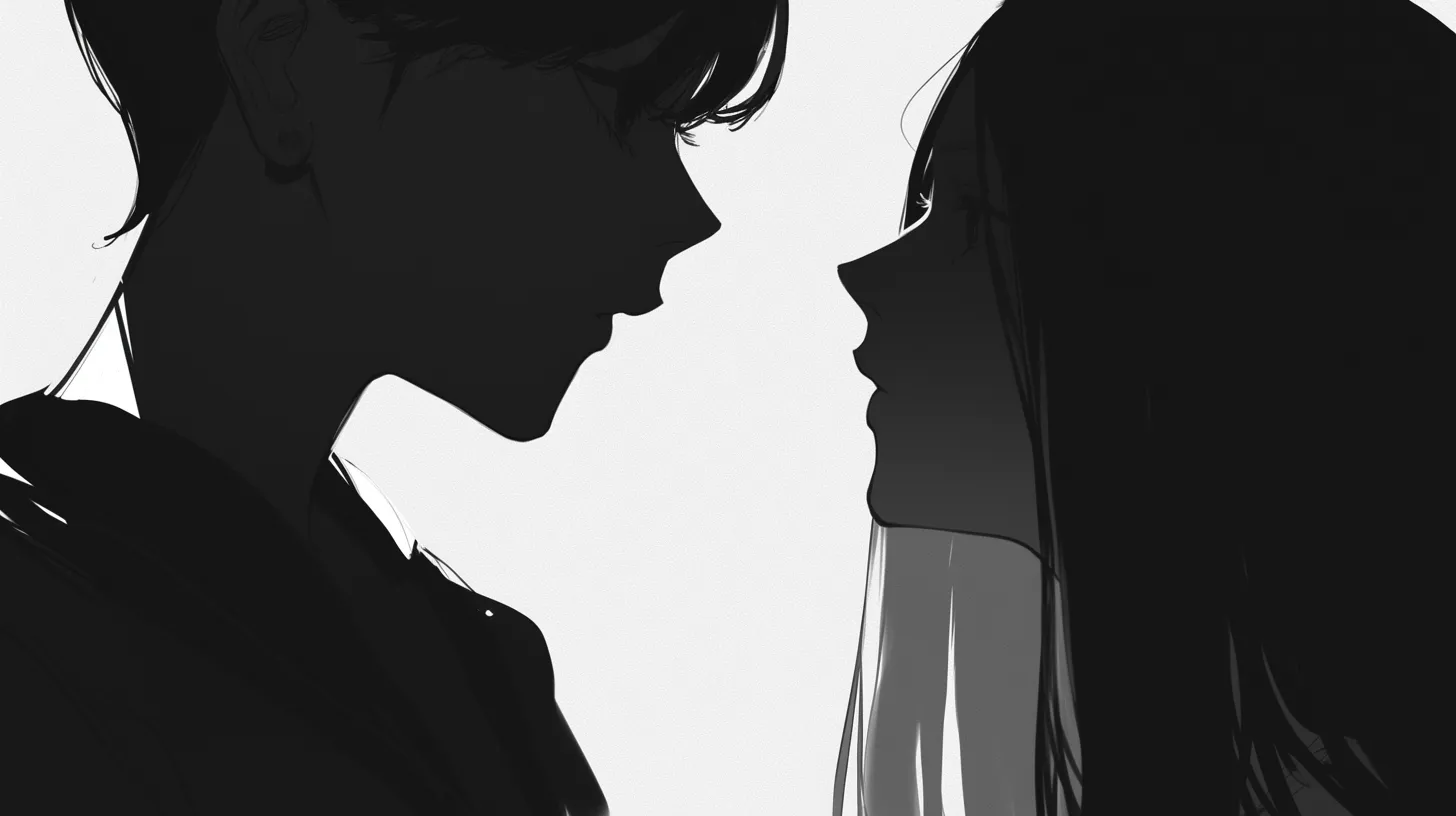白黒のペア画 向かい合う男女の影｜シルエット調で描かれた白黒のペア画は、緊張感とロマンチックな気配を兼ね備えています。広告やプレゼンで抽象的な人間関係を表現する用途に向きます。