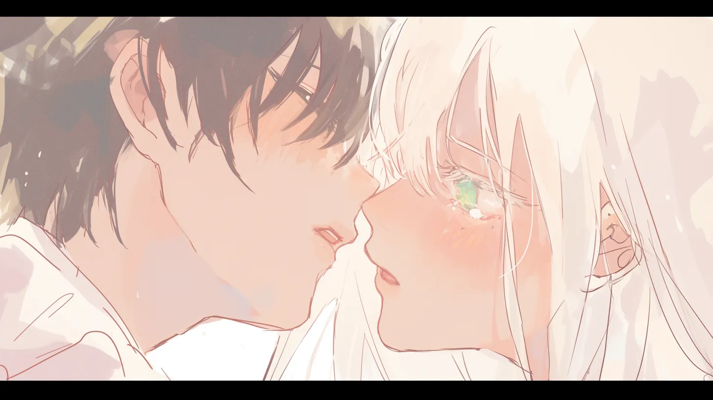 キスカップルのペア画 見つめ合う男女｜淡いタッチで描かれたキスカップルのペア画は、繊細で切なさを含んだ表情が特徴。恋愛小説や映像作品の挿絵に最適です。