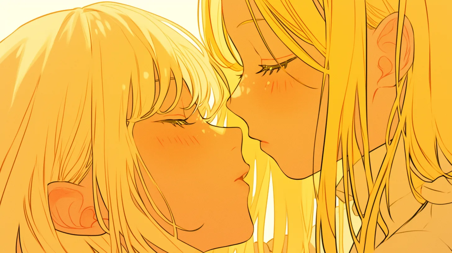 キスカップルのペア画 女性同士の接近｜ビビッドな黄色基調で描かれたキスカップルのペア画は、ポップさと親密さを同時に演出。現代的な広告やSNS素材に適しています。
