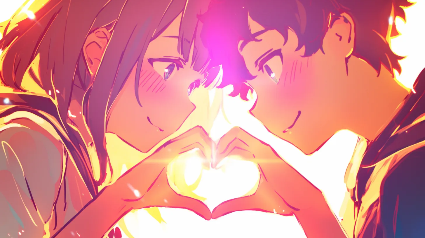 ハートペア画 学生風の二人とハート｜青春を感じさせるタッチで描かれたハートペア画は、フレッシュで輝く雰囲気。学園ものの広告やイベント素材に活かせます。