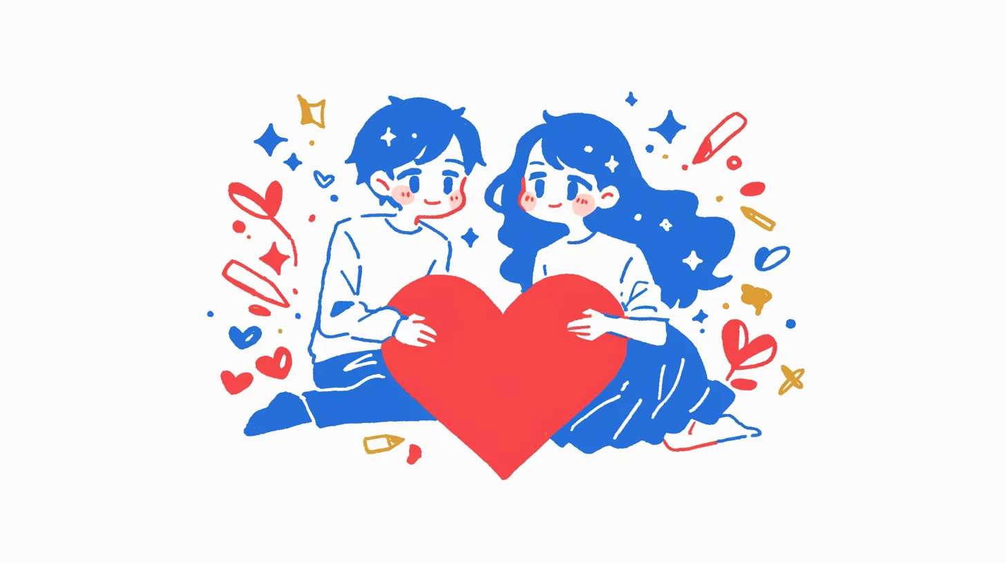 ハートペア画 座る二人と大きなハート｜ポップアート調で描かれたハートペア画は、カジュアルかつ親しみやすい印象。商品パッケージやイラスト広告に活用しやすいです。