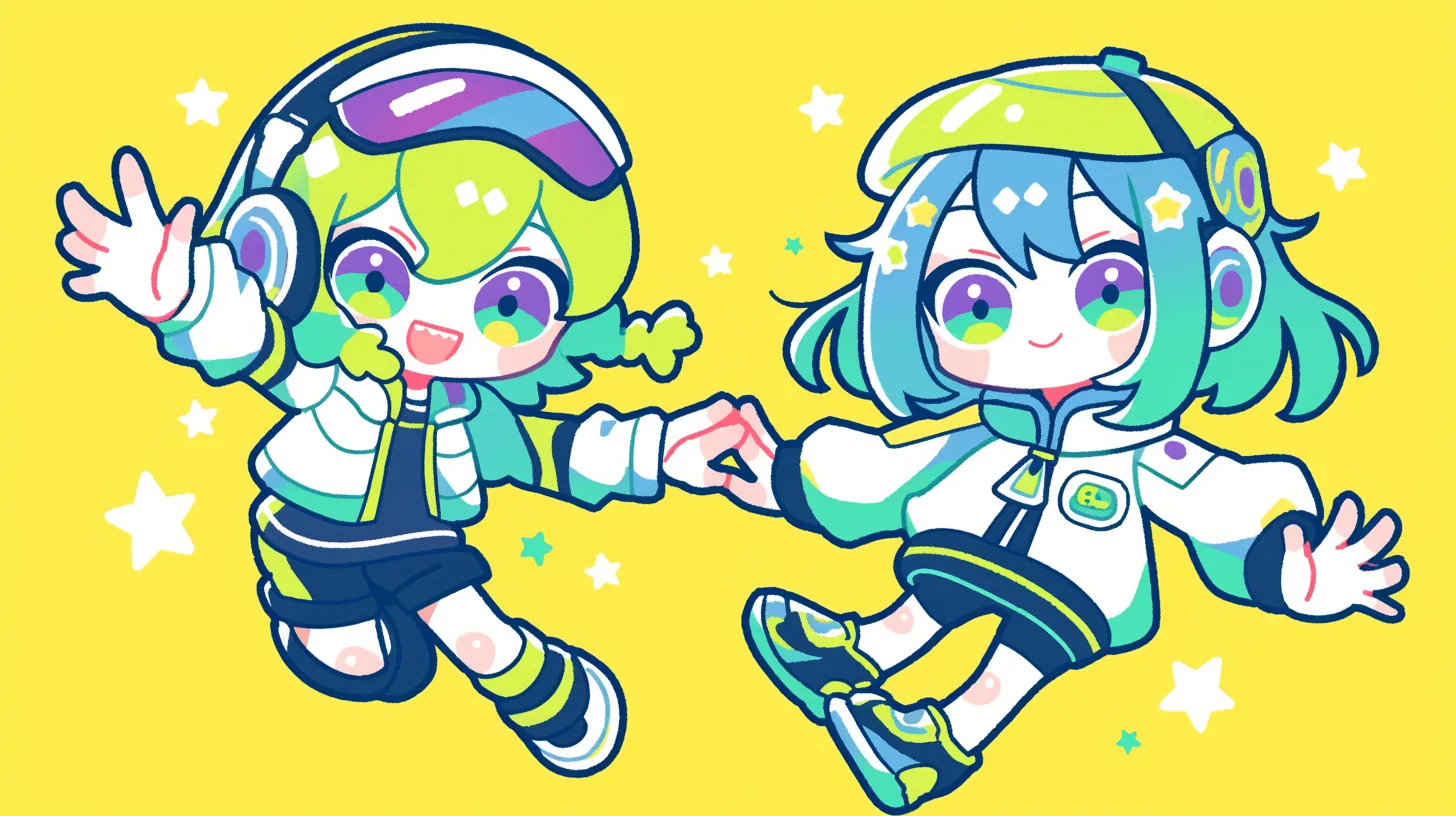 ミニキャラペア画 ヘッドホンの双子風キャラ｜鮮やかなポップカラーで描かれたミニキャラペア画は、ストリート風ファッションが特徴的で、親しみやすさと楽しさを伝えるデザインとして広告やSNSに活用しやすい素材です。