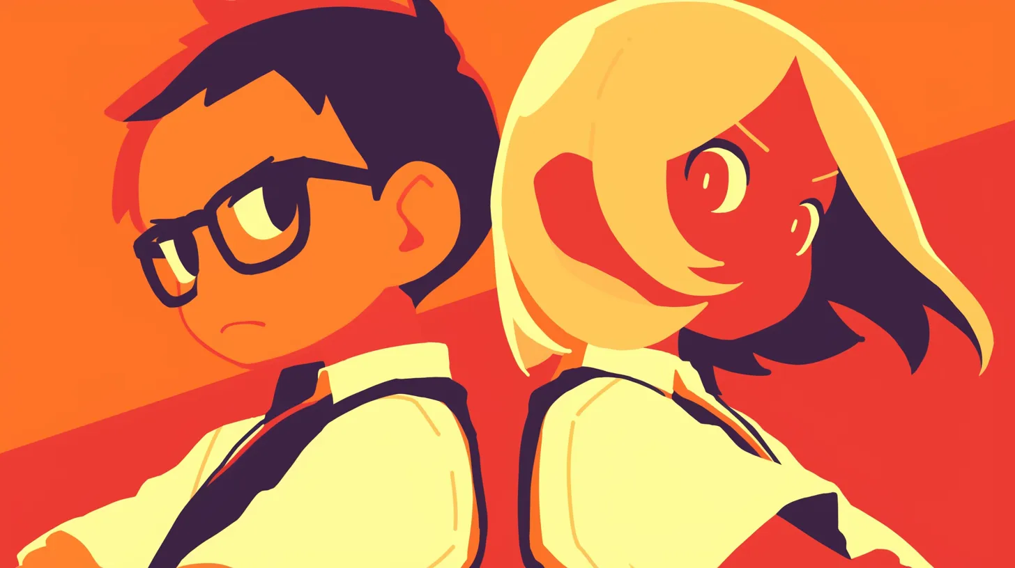 ミニキャラペア画 背中合わせの男女キャラ｜力強い配色で描かれたミニキャラペア画は、クールで躍動感のある雰囲気を演出し、ビジネス資料やプロモーションのイメージビジュアルに適しています。