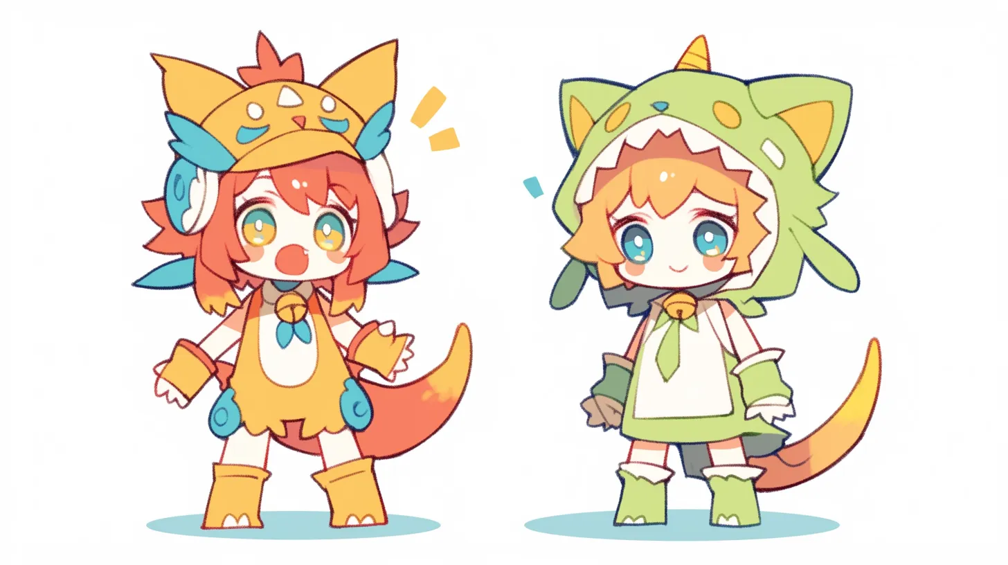ミニキャラペア画 恐竜コスチュームの二人｜柔らかい色調で描かれた恐竜風コスチュームのミニキャラペア画は、可愛らしさとユーモアを兼ね備え、商品プロモーションや子供向け企画に使いやすい素材です。