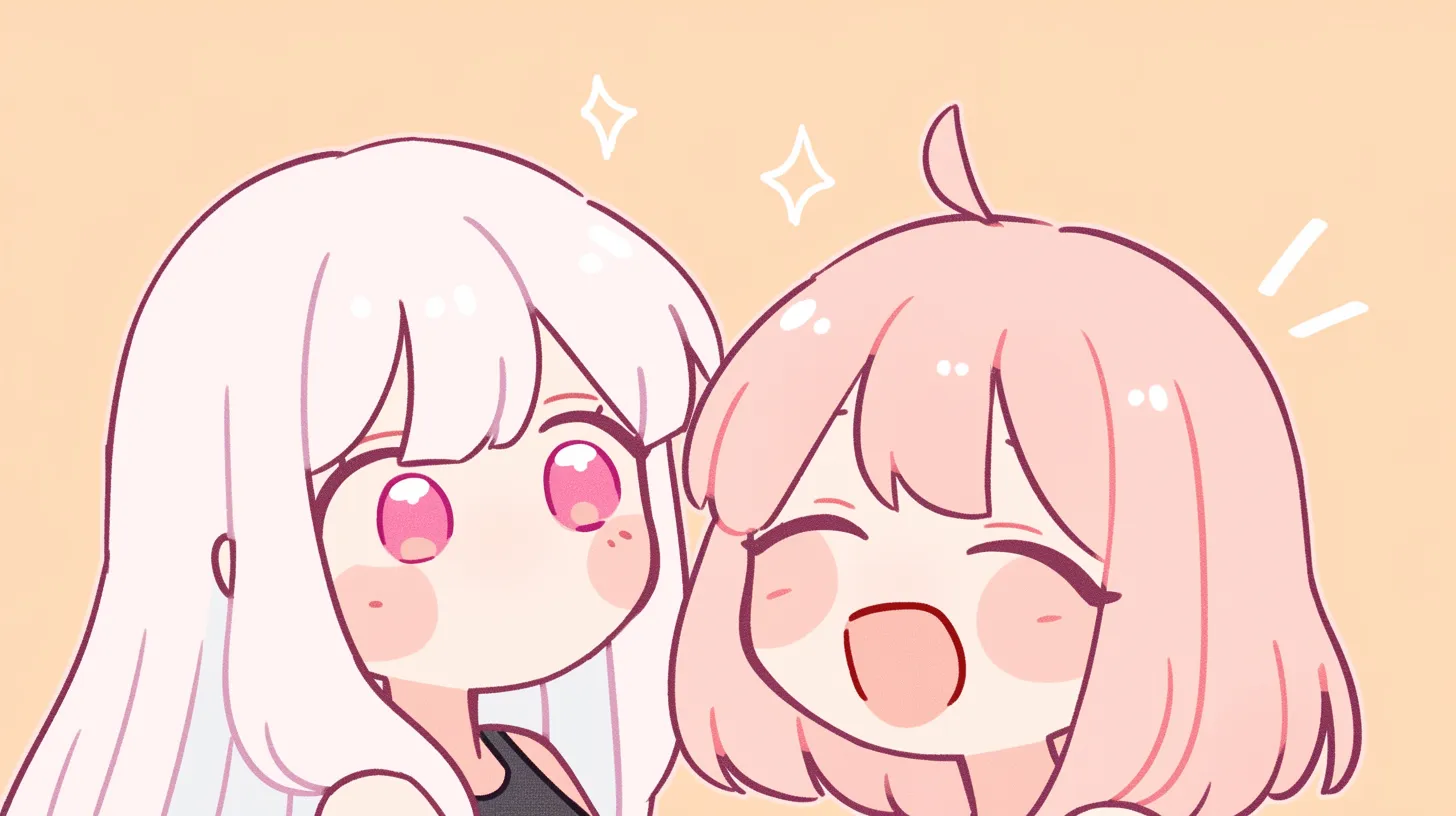 ミニキャラペア画 シンプルかわいい少女二人｜シンプルで優しい線と淡い色合いが特徴のミニキャラペア画は、親しみやすく軽やかな雰囲気を持ち、ブログやSNSのアイキャッチに使いやすい素材です。