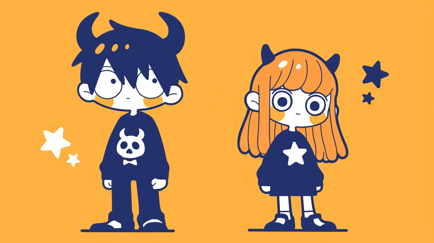 ミニキャラペア画 ポップな悪魔風キャラ｜オレンジと紺色の強いコントラストで描かれたミニキャラペア画は、個性的で遊び心ある印象を与え、イベント告知やデザイン演出に効果的です。