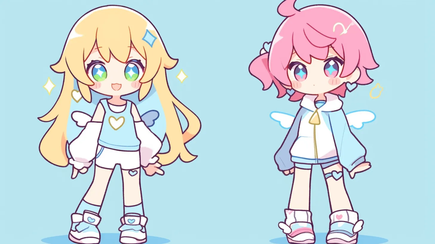 ミニキャラペア画 天使風の少年少女ペア｜爽やかなパステルブルーでまとめられたミニキャラペア画は、透明感のあるデザインで清潔感を演出し、商品イメージやキャンペーンに活かせます。