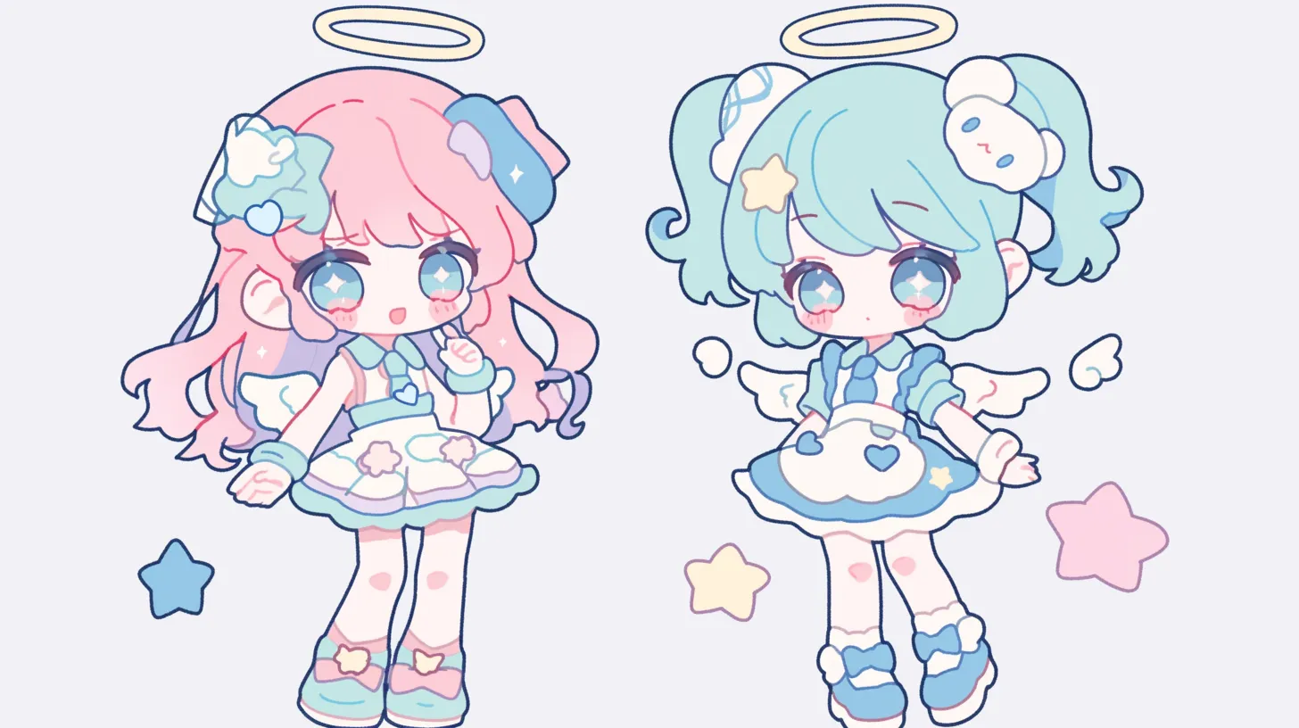 ミニキャラペア画 天使衣装のガーリーキャラ｜柔らかいパステルカラーときらめく装飾が特徴のミニキャラペア画は、可憐で夢のある印象を与え、女性向けプロモーションやパッケージに適しています。