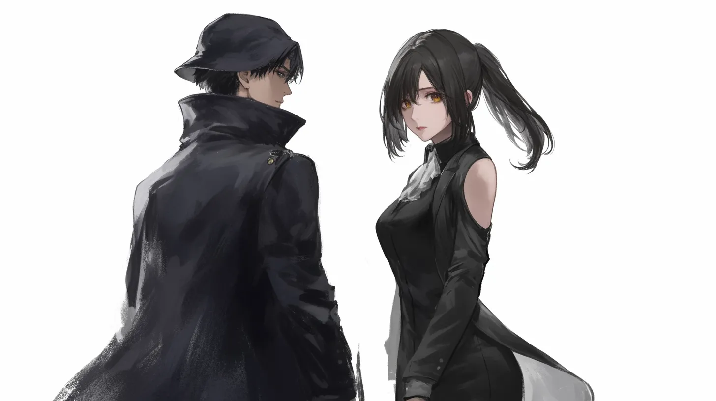 白黒のペア画 スタイリッシュな男女｜黒を基調とした衣装で描かれる白黒のペア画は、都会的で洗練された印象を与えます。ファッションやライフスタイル関連のビジネス素材に最適です。