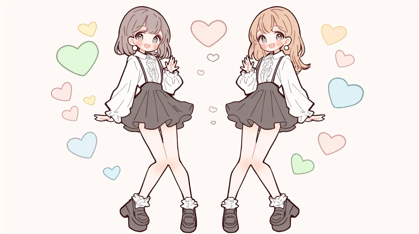 量産型ペア画 制服スカートの双子風少女｜シンプルで可愛らしい服装とポーズが特徴の量産型ペア画で、SNS広告やファッション関連ビジネス素材として親しみやすい印象を与えます。