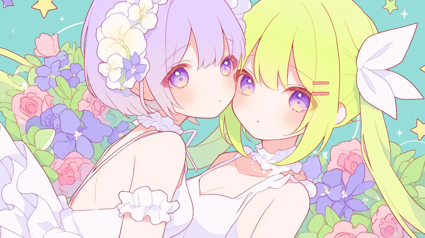 量産型ペア画 花畑に佇む白ドレス少女｜二人の少女が花々に囲まれた構図は、量産型ペア画らしい可憐さを演出し、ブライダルやイベント告知用のビジネス素材として活用可能です。