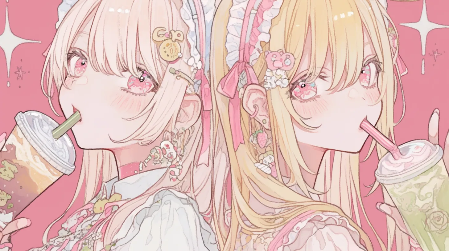 量産型ペア画 ドリンクを楽しむ双子風少女｜細部まで描かれた華やかな装飾と柔らかな筆致が魅力で、量産型ペア画を活かした食品系やコスメ系ビジネスの訴求に適します。